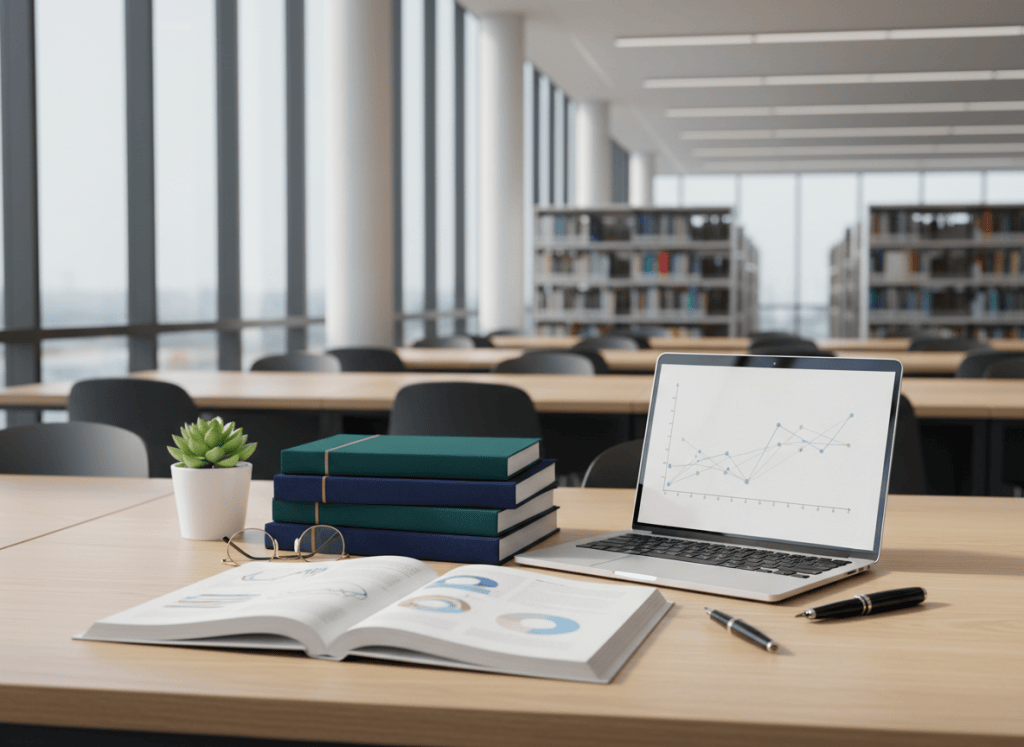 Meja kerja peneliti di perpustakaan dengan jurnal ilmiah, pena, dan laptop